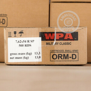 Photo detailing the 7.62X54R WPA MILITARY CLASSIC 203 GRAIN SP (500 ROUNDS) for sale at AmmoMan.com.