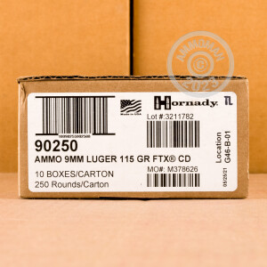 Photograph showing detail of 9MM LUGER HORNADY CRITICAL DEFENSE 115 GRAIN FTX JHP (250 ROUNDS)