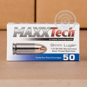 Image of 9mm Luger ammo by MaxxTech that's ideal for training at the range.