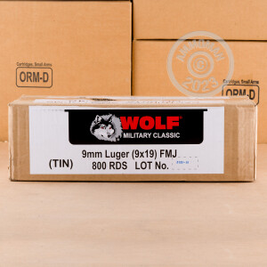 Photo detailing the 9MM WOLF 115 GRAIN FULL METAL JACKET IN SEALED CANS (800 ROUNDS) for sale at AmmoMan.com.