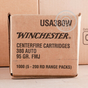 Photo detailing the 380 ACP WINCHESTER USA 95 GRAIN FMJ (1000 ROUNDS) for sale at AmmoMan.com.