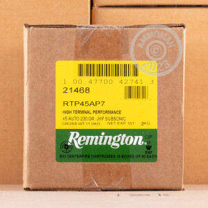 Photo detailing the .45 ACP REMINGTON HTP SUBSONIC 230 GRAIN JHP (50 ROUNDS) for sale at AmmoMan.com.