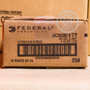 Image of the 20 GAUGE 2-3/4" FEDERAL ULTRA HEAVY FIELD & CLAY #8 SHOT (250 ROUNDS) available at AmmoMan.com.