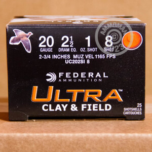 Photo detailing the 20 GAUGE 2-3/4" FEDERAL ULTRA HEAVY FIELD & CLAY #8 SHOT (250 ROUNDS) for sale at AmmoMan.com.