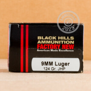 Photo detailing the 9MM LUGER BLACK HILLS 124 GRAIN JHP (20 ROUNDS) for sale at AmmoMan.com.