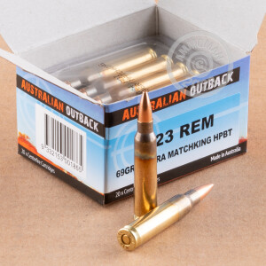 A photograph detailing the 223 Remington ammo with Hollow-Point Boat Tail (HP-BT) bullets made by Australian Outback.