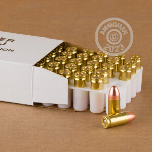 Image detailing the brass case and boxer primers on the Blazer Brass ammunition.