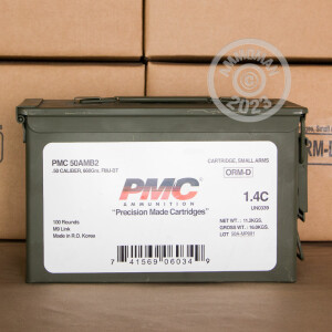 Photo detailing the .50 BMG PMC BRONZE 660 GRAIN FMJ-BT (100 ROUNDS Linked) for sale at AmmoMan.com.