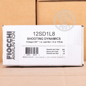 Photo detailing the 12 GAUGE FIOCCHI TARGET SHOOTING DYNAMICS 2-3/4“ 1 OZ. #8 SHOT (250 ROUNDS) for sale at AmmoMan.com.