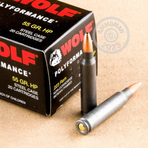 Image of 223 Remington ammo by Wolf that's ideal for hunting varmint sized game, training at the range.