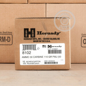 Photo detailing the 30 CARBINE HORNADY 110 GRAIN FMJ (50 ROUNDS) for sale at AmmoMan.com.