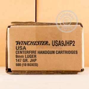 Photo detailing the 9MM LUGER WINCHESTER 147 GRAIN JHP (500 ROUNDS) for sale at AmmoMan.com.