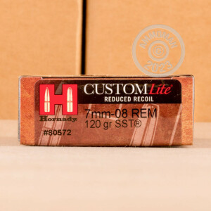Photo detailing the 7MM-08 HORNADY CUSTOM LITE 120 GRAIN JHP (20 ROUNDS) for sale at AmmoMan.com.