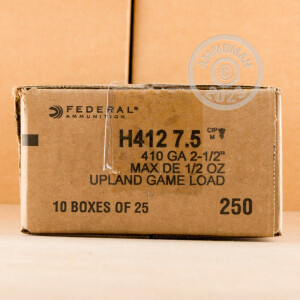 Photo detailing the 410 BORE FEDERAL HI-BRASS GAME SHOK 2-1/2" 1/2 OZ. #7 SHOT (25 ROUNDS) for sale at AmmoMan.com.