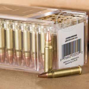 Photograph of 17 HMR ammo with FMJ ideal for hunting varmint sized game, training at the range.