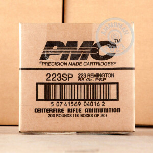 An image of bulk 223 Remington ammo made by PMC at AmmoMan.com.