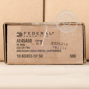 Photograph showing detail of 45 ACP FEDERAL AMERICAN EAGLE (TRAYLESS) 230 GRAIN FMJ (50 ROUNDS)