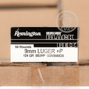 Photograph showing detail of 9MM LUGER +P REMINGTON GOLDEN SABER BLACK BELT 124 GRAIN JHP (500 ROUNDS)
