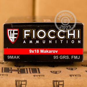 Photo detailing the 9X18 MAKAROV FIOCCHI 95 GRAIN FMJ (1000 ROUNDS) for sale at AmmoMan.com.