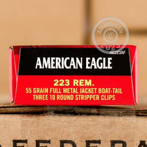 Photo detailing the .223 FEDERAL AMERICAN EAGLE 55 GRAIN FMJ #AE223AF (900 ROUNDS) for sale at AmmoMan.com.