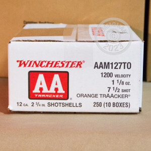 Photo detailing the 12 GAUGE WINCHESTER AA TRAACKER 2-3/4" 1-1/8 OZ. #7.5 SHOT (25 ROUNDS) for sale at AmmoMan.com.