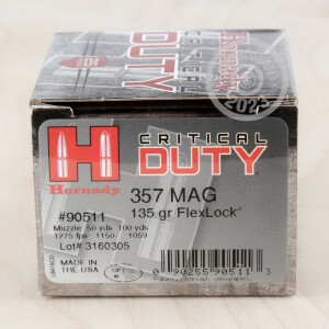 Photograph showing detail of 357 MAG HORNADY CRITICAL DUTY 135 GRAIN JHP FTX CRITICAL DUTY (25 ROUNDS)