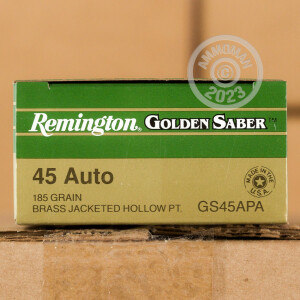 Photo detailing the 45 ACP REMINGTON GOLDEN SABER 185 GRAIN JHP (500 ROUNDS) for sale at AmmoMan.com.