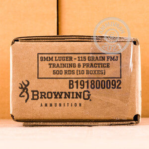 A photograph of 500 rounds of 115 grain 9mm Luger ammo with a FMJ bullet for sale.