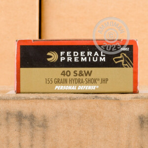 Photo detailing the 40 S&W FEDERAL HYDRA-SHOK 155 GRAIN JHP (20 ROUNDS) for sale at AmmoMan.com.