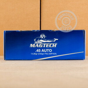 Photograph showing detail of 45 ACP MAGTECH 230 GRAIN FULL METAL CASE (250 ROUNDS)