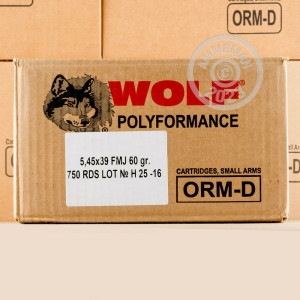 Photograph showing detail of 5.45X39MM WOLF POLYFORMANCE WPA 60 GRAIN FMJ (750 ROUNDS)