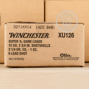 Photo detailing the 12 GAUGE WINCHESTER SUPER-X 2-3/4" 1 OZ. #6 SHOT (25 ROUNDS) for sale at AmmoMan.com.