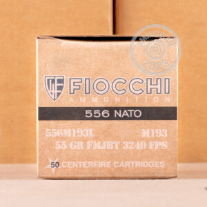 A photograph detailing the 5.56x45mm ammo with FMJ-BT bullets made by Fiocchi.