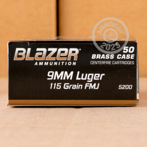 Photo detailing the 9MM BLAZER BRASS 115 GRAIN FMJ #5200 (1000 ROUNDS) for sale at AmmoMan.com.