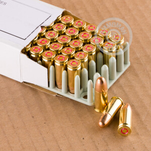 A photograph detailing the 9mm Luger ammo with FMJ bullets made by Prvi Partizan.