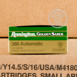 Photo detailing the .380 ACP REMINGTON GOLDEN SABER 102 GRAIN JHP (25 ROUNDS) for sale at AmmoMan.com.
