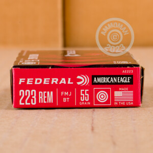 A photograph of 500 rounds of 55 grain 223 Remington ammo with a FMJ-BT bullet for sale.
