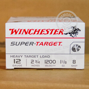 Photo detailing the 12 GAUGE WINCHESTER SUPER TARGET 2-3/4" #8 SHOT (25 ROUNDS) for sale at AmmoMan.com.