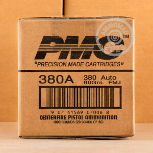 Photo detailing the 380 ACP PMC BRONZE BATTLE PACK 90 GRAIN FMJ (900 ROUNDS) for sale at AmmoMan.com.