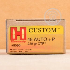 Photo detailing the 45 ACP +P HORNADY CUSTOM 230 GRAIN JHP-XTP (200 ROUNDS) for sale at AmmoMan.com.