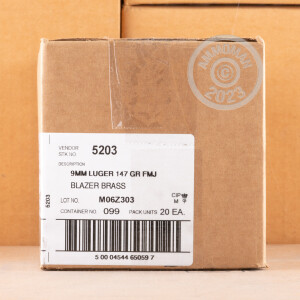 A photo of a box of Blazer Brass ammo in 9mm Luger.