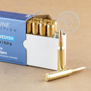 A photograph detailing the 6.5 x 55 Swedish ammo with FMJ bullets made by Prvi Partizan.