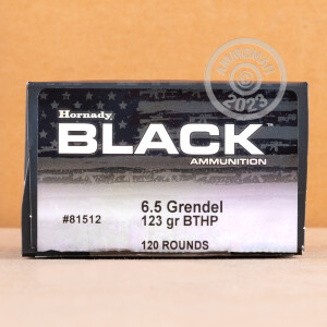 Photo detailing the 6.5 GRENDEL HORNADY BLACK 123 GRAIN BTHP (120 ROUNDS) for sale at AmmoMan.com.