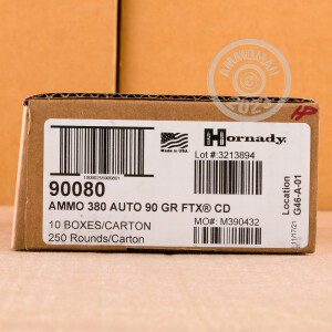 Photo detailing the 380 AUTO HORNADY FTX CRITICAL DEFENSE 90 GRAIN JHP (25 ROUNDS) for sale at AmmoMan.com.