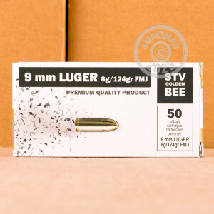 A photograph detailing the 9mm Luger ammo with FMJ bullets made by STV.