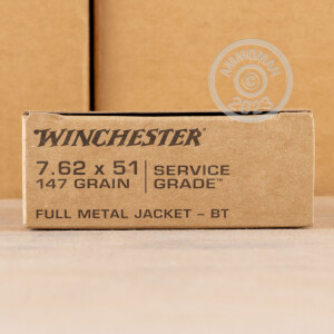 Photograph showing detail of 7.62X51MM WINCHESTER SERVICE GRADE 147 GRAIN FMJBT (20 ROUNDS)