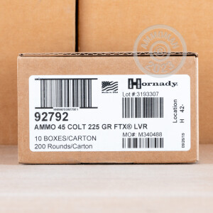 Photo detailing the 45 COLT HORNADY LEVEREVOLUTION 225 GRAIN FTX AMMO (200 ROUNDS) for sale at AmmoMan.com.