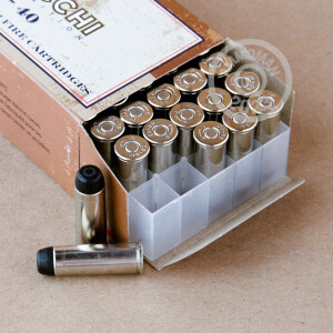 A photograph detailing the 44-40 WCF ammo with Lead Round Nose (LRN) bullets made by Fiocchi.