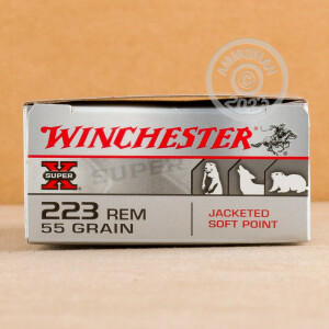 A photograph of 200 rounds of 55 grain 223 Remington ammo with a Jacketed Soft-Point (JSP) bullet for sale.