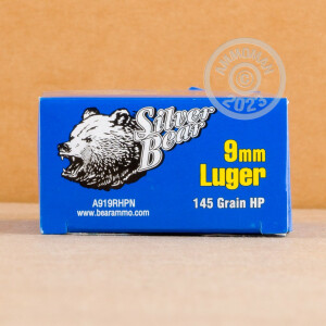 Photograph showing detail of 9MM LUGER SILVER BEAR 145 GRAIN BIMETAL HP (50 ROUNDS)